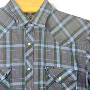 Vintage Open Trails Western Shirt Men Large Blue Grey Plaid Pearl Snap Button Up